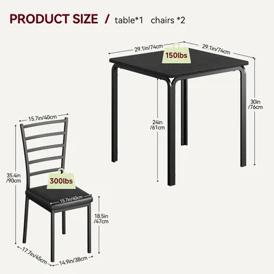 Obrázek produktu pro Sada jídelního nábytku pro 3 osoby – čtvercový jídelní stůl se 2 židlemi – úsporný design vhodný do malých prostor – stabilní kovová konstrukce – ideální do kuchyně a malých bytů – černá barva