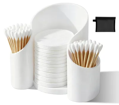 Productafbeelding van 1. Houder voor wattenstaafjes, ronde opbergdoos voor wattenschijfjes, geschikt voor de make-uptafel in de slaapkamer. Inclusief een dispenser voor wattenstaafjes met 1 opbergzak