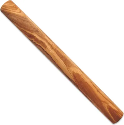 A wooden rolling pin is shown diagonally against a white background.