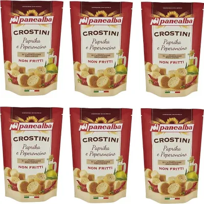 Produktbild von 6x Panealba Crostini Paprika e Peperoncino Croutons mit Paprika and Chilli Gesalzener Snack Nicht Gebraten Nicht Frittiertes 100g