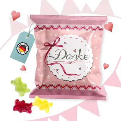 Produktbild von Fruchtgummi Tütchen Danke rosa pink – Gastgeschenk Taufe, Kommunion und Konfirmation10 Stück