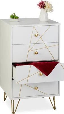 Obrázek produktu pro Komoda Relaxdays, rozměry: 86 x 48 x 39 cm, 4 zásuvky, MDF, železo, obývací pokoj, ložnice, předsíň, doplňková komoda, bílá/zlatá