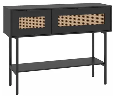 Produktbild von KOMFOTTEU Rattan Konsolentisch, schmaler Beistelltisch mit offene Ablage, 2 Fächer & Klapptüren, Boho Sofatisch, Flurtisch mit robustem Metallgestell für Wohnzimmer, Flur und Eingangsbereich (Schwarz)