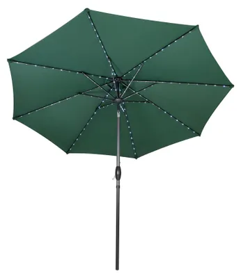 Image de Parasol LED inclinable vert de 2,7 m avec manivelle d'inclinaison et 128 lumières solaires, 8 baleines, parasol de jardin pour terrasse, protection contre les UV, housse de protection contre la pluie incluse