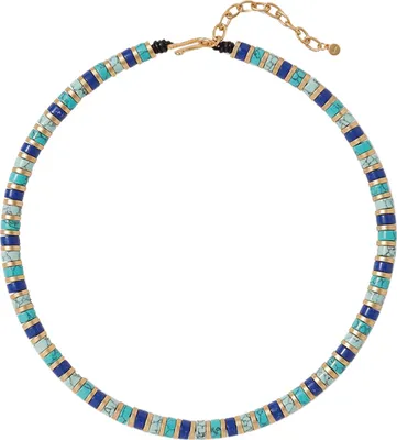 Produktbild von Ägyptische Kette, nachempfundenes Original 12. Dynastie, 18 Karat Goldauflage, Türkis-Lapis-Optik, Lederband, 45-53 cm