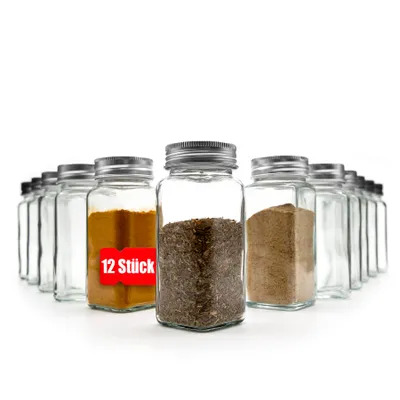 Produktbild von BigDean 12er Set Gewürzgläser eckig - luftdichte Gewürzdosen lebensmittelecht mit zwei Streueinsätzen - ideal für Gewürzaufbewahrung