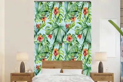 Produktbild von MuchoWow® Fototapete für Wohnzimmer oder Schlafzimmer Wandtapete Vinyl Motivtapete Blumen - Monstera - Orange - 225x350 cm - Schlafzimmer tapete