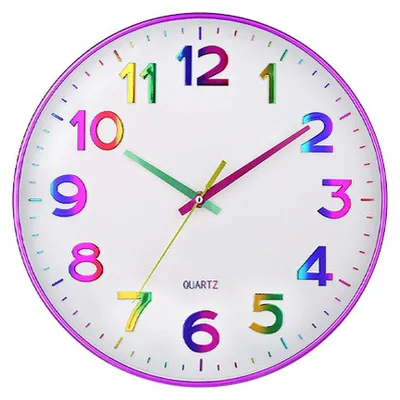 A close-up view of a colorful wall clock with rainbow-colored numbers and hands.