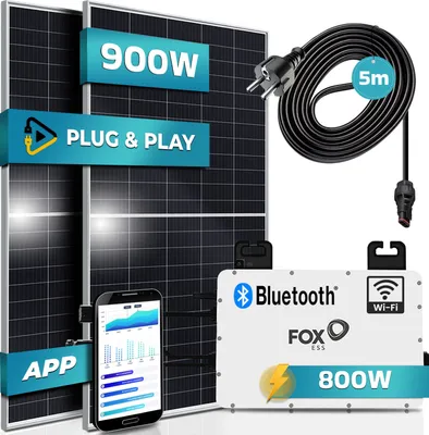 Produktbild von SUNNIVA® 900W Balkonkraftwerk komplett Steckdose - FOX ESS 800W Wechselrichter - PV Solaranlage - 2x 450W Solarmodule, inkl. 5m Kabel - Bluetooth WIFI
