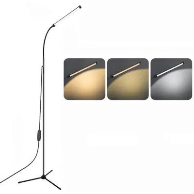 A black LED floor lamp with an adjustable gooseneck and a tripod base, shown with three inset images demonstrating different light color temperatures.