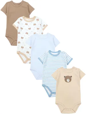 Produktbild von TupTam Jungen Baby Body Kurzarm in Unifarben - 5er Pack, Farbe: Bärchen Blätter Beige Eisberg, Größe: 92