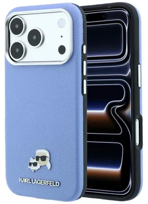 Image de Coque de protection pour iPhone 18 Pro / 17 Pro, modèle Karl Lagerfeld HardCase, motif Karl et Choupette, cuir saffiano avec MagSafe, couleur bleu
