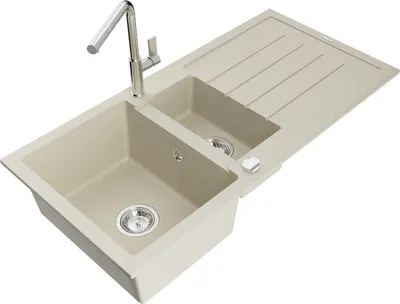 Produktbild von Mexen Andres 1,5-Becken-Granitspüle mit Abtropffläche und Mischbatterie Flora, Beige - 6515-69-670401-00