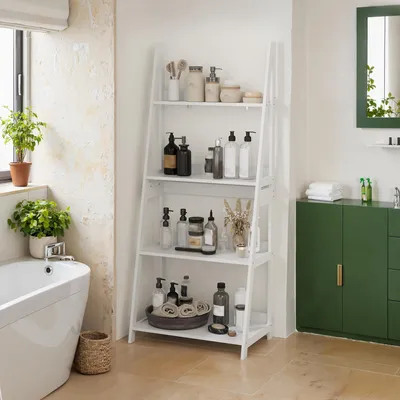 Produktbild von Weißes 4-stufiges Leiterregal – Modernes Standregal für Badezimmer, Wohnzimmer & Balkon – Multifunktionales Holzregal für Bücher & Pflanzen