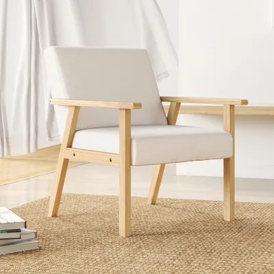 Immagine prodotto di Poltrona da salotto con braccioli, sedia da pranzo, poltrona relax effetto lino, poltrona imbottita per soggiorno o camera da letto, struttura in legno massello, dimensioni 64 x 70 x 72 cm, colore crema