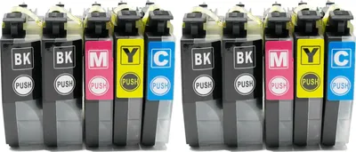 Two rows of printer ink cartridges, each row containing black, magenta, yellow, and cyan cartridges.