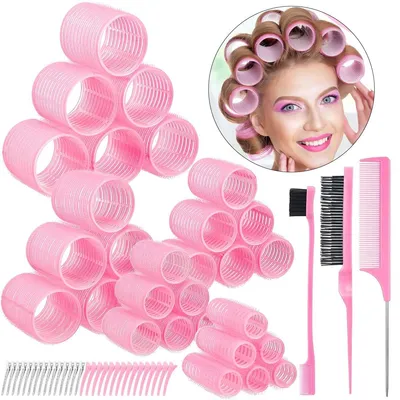 Produktbild von Lockenstab-Set,64-teilig, selbstklebendes Lockenstab-Set,5 Größen (5,5/4,5/4,0/3,5/2,5 cm),24 Clips,Aufbewahrungstasche,3 Kämme für modische Frisuren