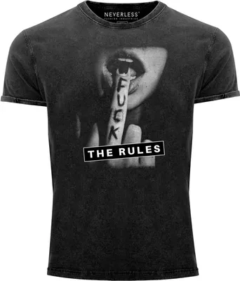 Produktbild von Herren Vintage Shirt Fuck the Rules Fotoprint Mittelfinger Printshirt T-Shirt Aufdruck Used Look Slim Fit Neverless® schwarz XL