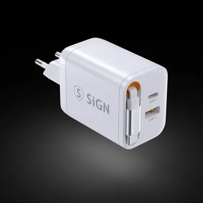 Zdjęcie produktu dla Szybka ładowarka SiGN GaN USB-C/USB-A 40 W z przedłużanym kablem USB-C - biała