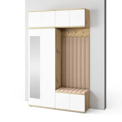 Produktbild von Garderoben-Set Aura Version 9: Kleiderschrank mit Polsterpaneelen, Schuhschrank Flur und Eingangsbereich (weiß/Artisan-Eiche /Trinity 04)