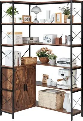 Immagine prodotto di Scaffale angolare a 6 livelli, scaffale angolare alto con ante - Scaffale a L con struttura in metallo e ripiani in legno - Scaffale da esposizione come libreria per camera da letto, soggiorno, ufficio - Marrone