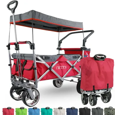 Produktbild von IMLEX Bollerwagen faltbar mit Dach IM-4268 Rot | Hohe Stabilität, 1X 3-Punkt Gurtsystem | Handwagen klappbar mit Schiebegriff ideal für 2 Kinder