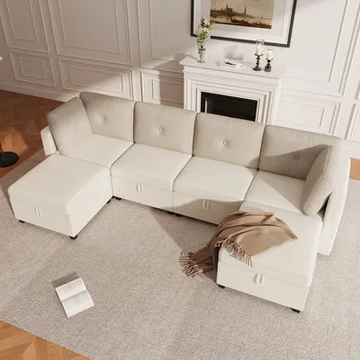 Obrázek produktu pro MODFU U-tvarovaná modulární pohovka pro 5–6 osob, rohová pohovka s úložným prostorem, obývací rozkládací postel s područkami a polštáři, sedací souprava, béžová