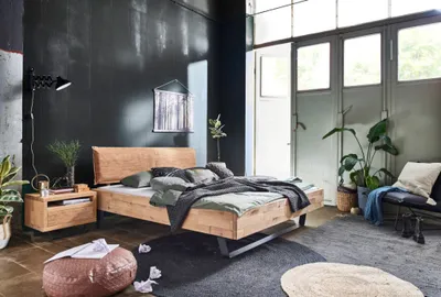 Produktbild von Bett Varde 160x200 Wildeiche Bianco Polsterkopfteil Braun Kufe und Beine