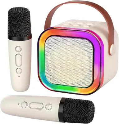 Obrázok produktu pre Prenosný karaoke reproduktor – Bezdrôtové mikrofóny – Prehrávanie hudby – LED osvetlenie RGB – 7 cm – Biely