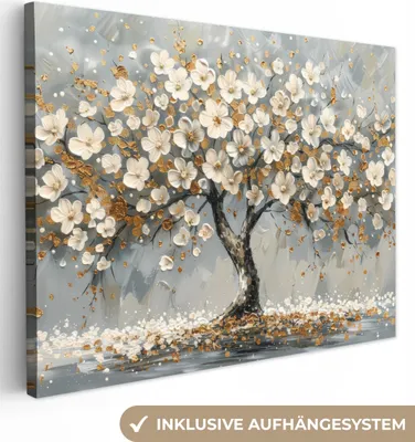 Produktbild von Leinwand Bilder 80x60 cm - Lebensbaum Weiß, moderne Wanddeko für Wohnzimmer