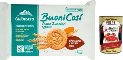 Produktbild von 6x Galbusera BuoniCosì, Kekse ohne Zuckerzusatz mit 4 Cerealien und reich an Ballaststoffen, cookies buscuits, 300g + Italian Gourmet polpa 400g