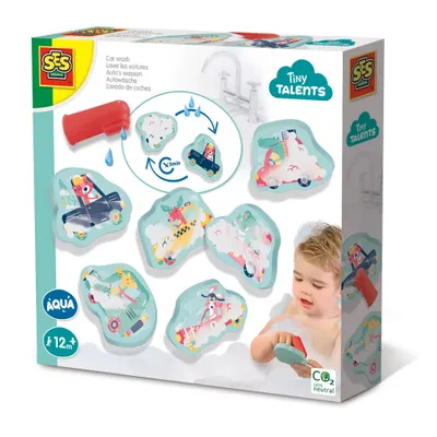 A product box for a children's bath toy set, showing the toys and a child playing in the bath.