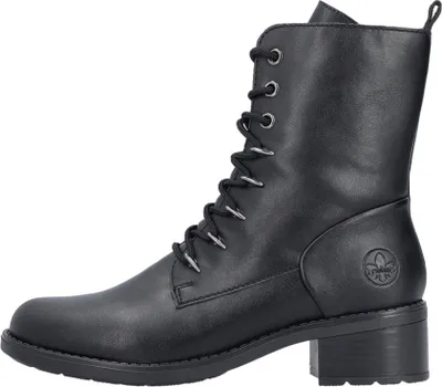 A black leather lace-up boot with a block heel, shown from the side against a white background.