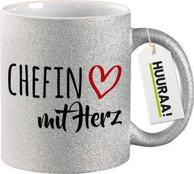 Produktbild von Huuraa Glitzertasse Chefin mit Herz 330ml Silber Keramik Kaffeebecher Geschenkidee