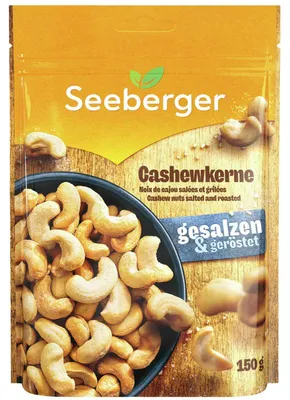 Produktbild von Seeberger Cashewkerne geröstet, gesalzen, Cashewnuss, 150 g, 626 kcal, 16 g, 50 g, Tasche