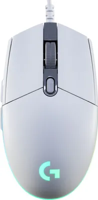 A top-down view of a white Logitech gaming mouse with a green illuminated 'G' logo.