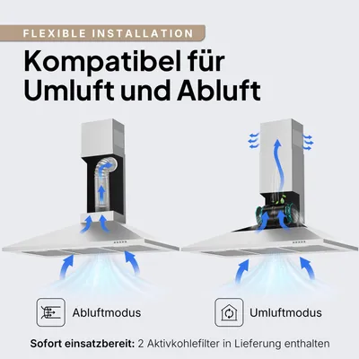 Produktbild von LEVIVO Dunstabzugshaube 90 cm Umluft & Abluft mit 410 m³/h Luftleistung, Abzugshaube mit 2 Aktivkohlefiltern, 3 Fettfiltern, Wandhaube mit 3 Stufen