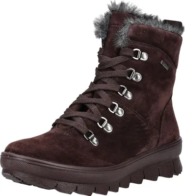 A single brown suede boot with faux fur trim and laces is shown against a white background.
