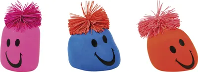 Three stress balls with smiley faces and spiky hair, each in a different color.