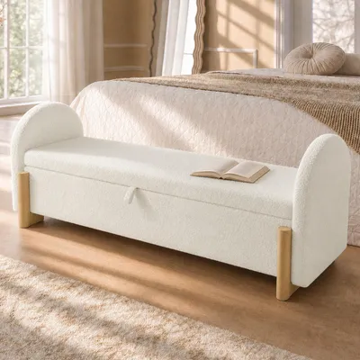 Produktbild von okwish Weiß Bettbank U-Form Holzbeine, Bettende-Bank mit Stauraum und Gasdruckfedersystem, 146x47x61 cm,Für Schlafzimmer