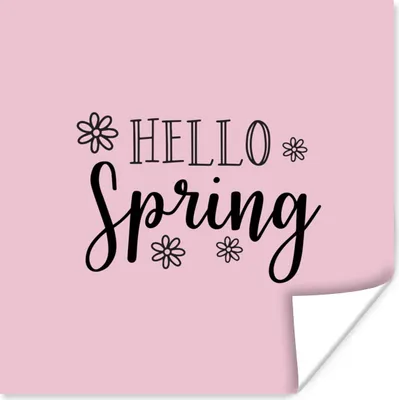 Produktbild von MuchoWow® Poster Frühling Zitat "Hallo Frühling" auf einem rosa Hintergrund 100x100 cm - Babyzimmer