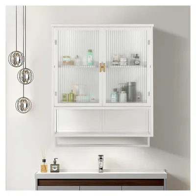 Produktbild von Moderner Hängeschrank mit 2 Glastüren, Metall und Glas, Badschrank, Sideboard, hängend, Medizinschrank mit offenem Stauraum und Handtuchhalter für Küche und Bad, 60×23×78cm (Weiß)
