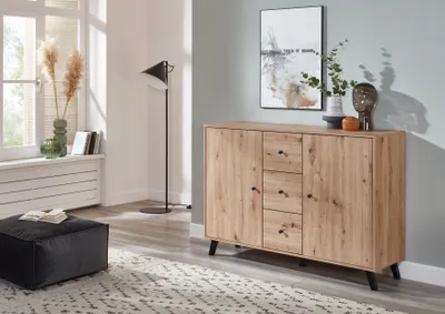 Produktbild von Kommode Sideboard Schubladenschrank mit 3 Schubladen 2 Tür Holz Optik Artisan