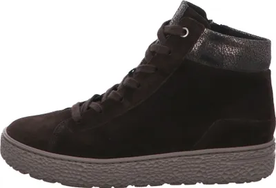 A side view of a brown high-top boot.