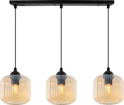 Immagine prodotto di Lampada a sospensione RIFFLE nera a 3 luci, cilindro in vetro color ambra, attacco E27