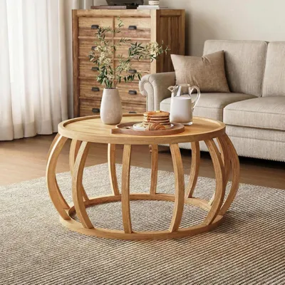 Zdjęcie produktu dla Stolik kawowy okrągły, wykonany z litego drewna, o średnicy 80 cm, stolik do salonu, z zaokrągloną podstawą
