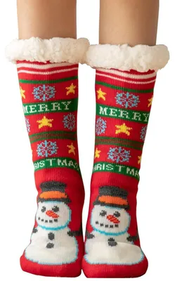Produktbild von Damen Stoppersocken dicke Haussocken mit Anti Rutsch Sohle, warme Wintersocken flauschig Thermo-Socken mit Innenfrottee, Größe 36-41, Roter Schneemann
