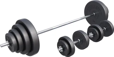 A set of weightlifting equipment, including a barbell and dumbbells, is displayed against a white background.