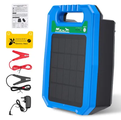 Obrázek produktu pro Solární zařízení pro elektrické oplocení – elektrické oplocení o délce 5 km – impuls 0,2 J – solární panel 10 W – stupeň krytí IP65 (vodotěsné) – vhodné pro hospodářská zvířata, drůbež, odolné proti hlodavcům