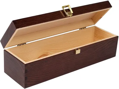 An open wooden box for wine, with a dark brown exterior and a natural pine interior. It has a gold latch and hinges.